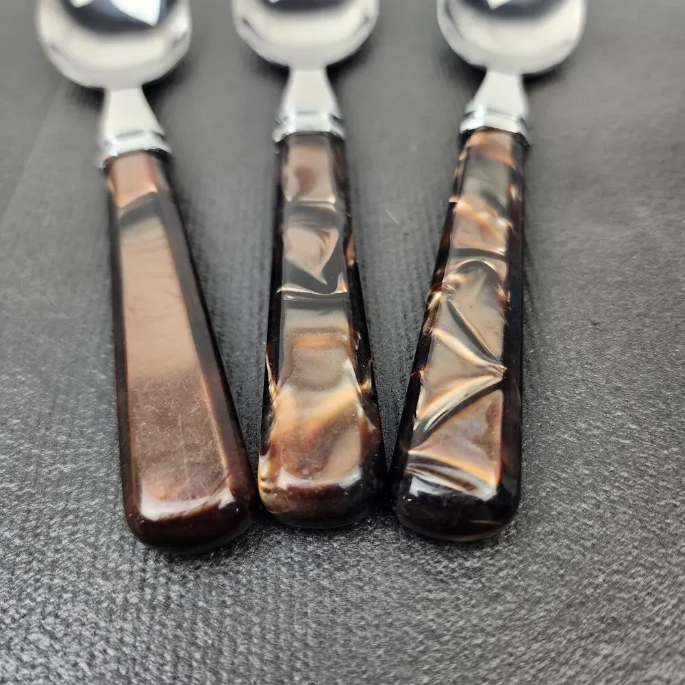 3 MIKASA 18/0 Tortoise Handle Flatware Brown Acrylic Handle Teaspoons 6.5